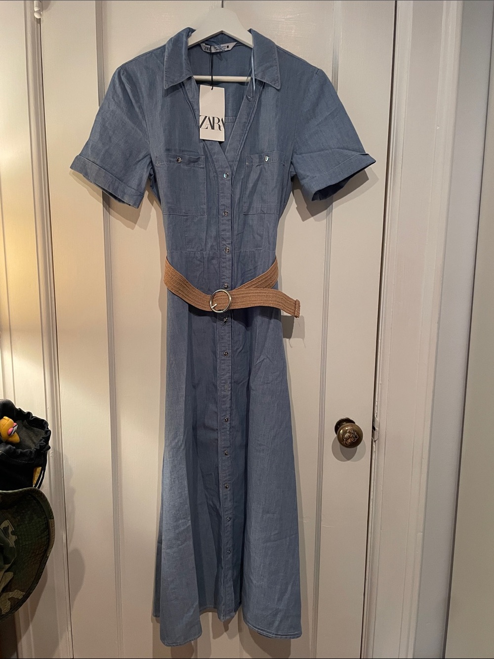 Zara Chambray Denim Button-Front Midi Dress in Light Blue with Tan Belt